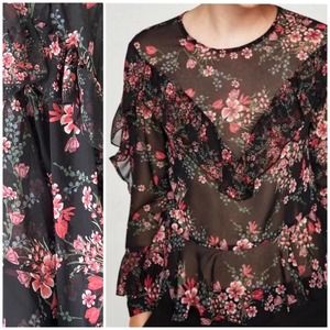 Zara Sheer Floral Ruffle Blouse Black Pink Medium
